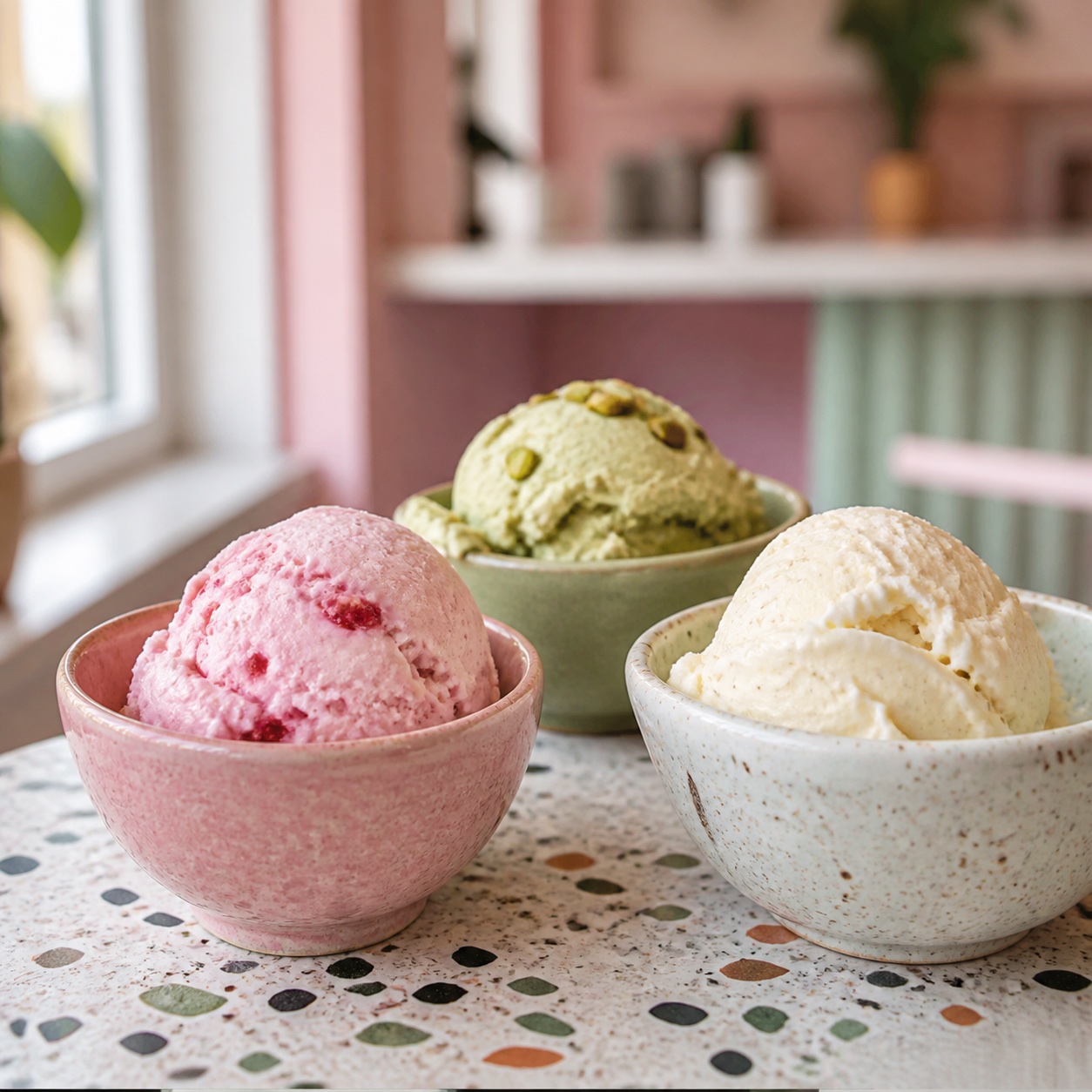 Strawberry, pistachio, and vanilla ice cream in ceramic bowls