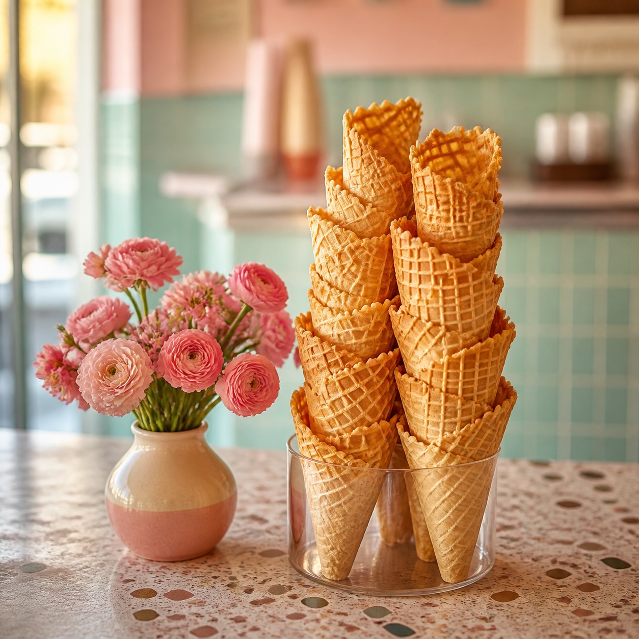 A stack of waffle cones beside a vase of pink flowers